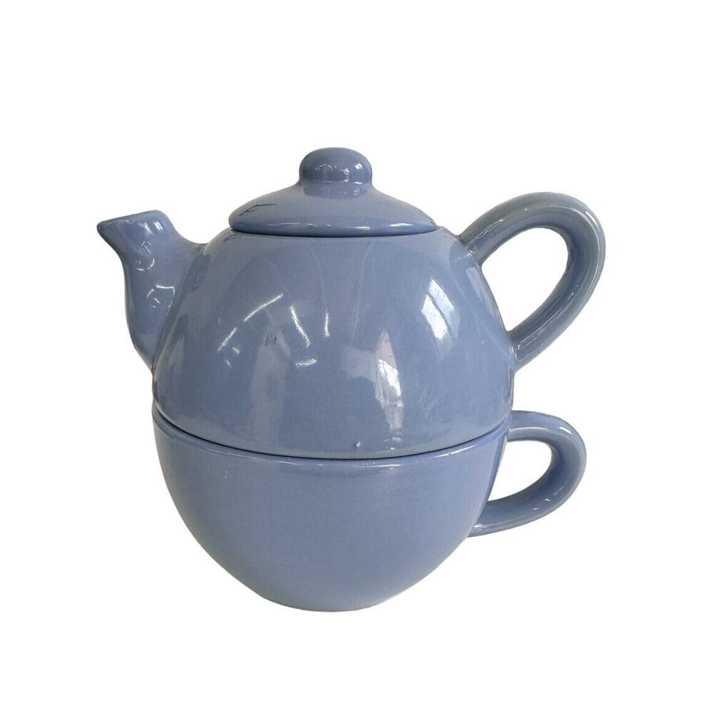 Pier 1 China Tea Pot & Mug For One Set Sky Blue Stoneware stackable nested